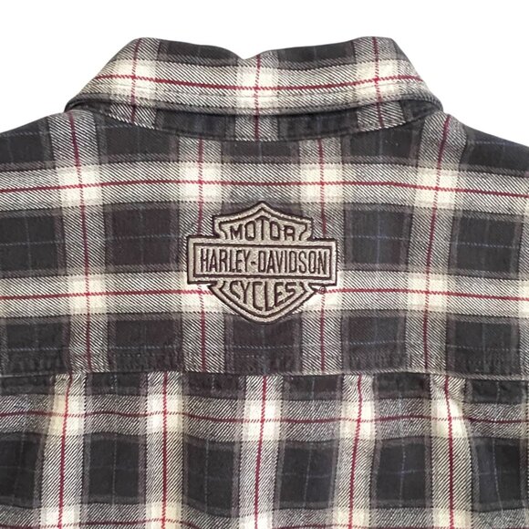 Harley-Davidson Y2K Flannel Shirt M Embroidered Bar & Shield Plaid Bikercore - Picture 6 of 10